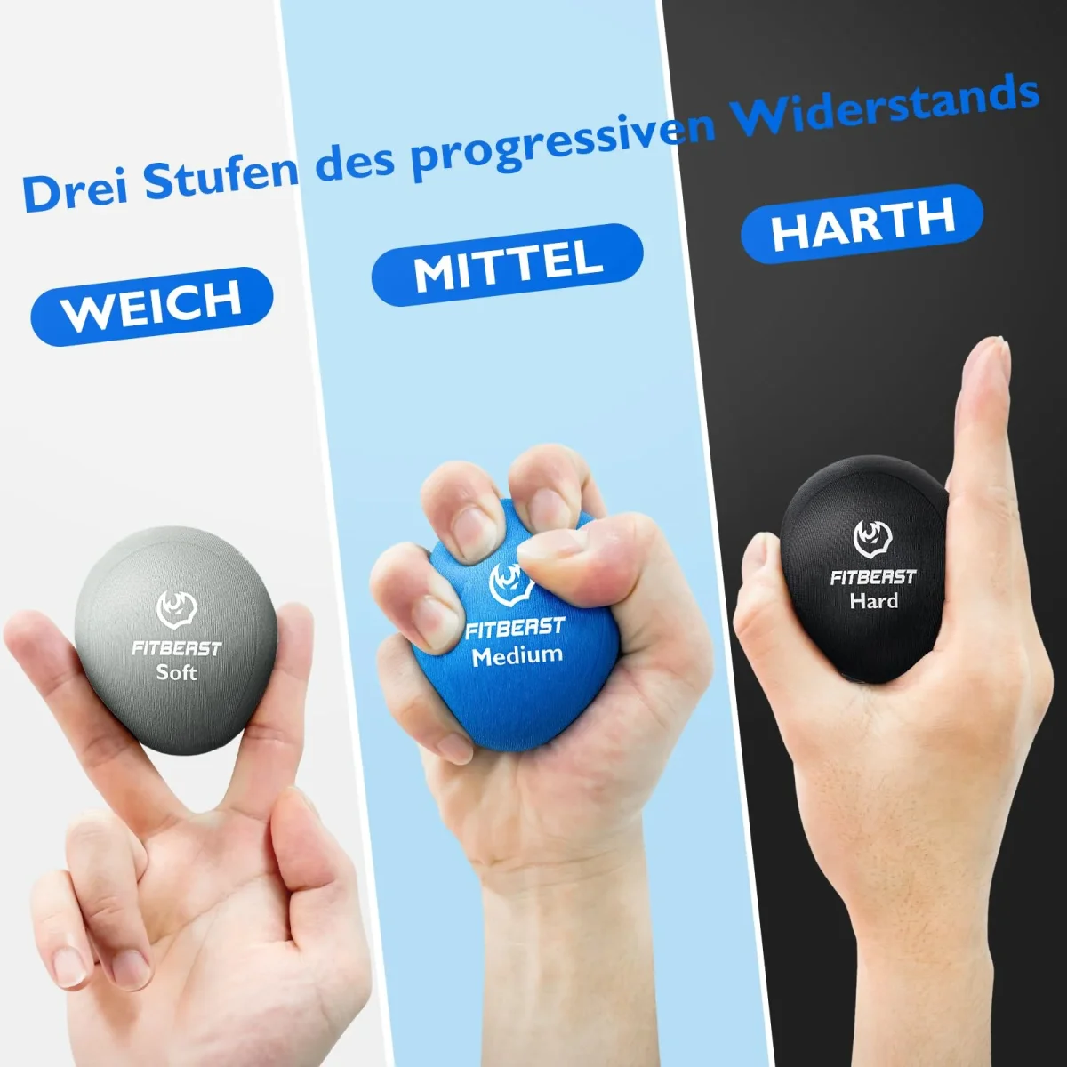 FitBeast Stressbälle, 6er-Pack enthält 3 eiförmige und 3 runde Bälle, weiche bis harte Widerstandsstufen - Grau, Himmel, Schwarz – Image 2