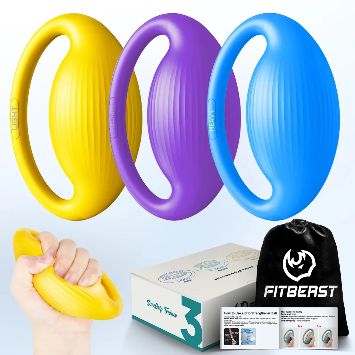 FitBeast Hand Exercise Balls - 3 Resistance Levels Stress Balls for Adults, Squeeze Balls for Hand Therapy, Rehabilitation, Arthritis, Muscle Building - 3 Piece Set -Yellow Lavender Royal blue