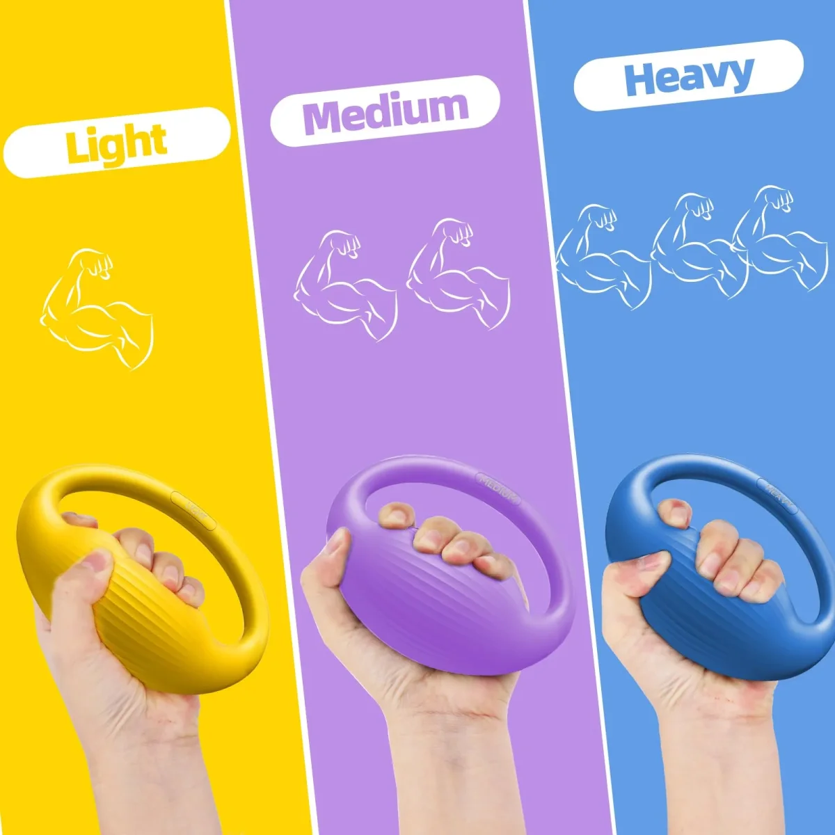 FitBeast Hand Exercise Balls - 3 Resistance Levels Stress Balls for Adults, Squeeze Balls for Hand Therapy, Rehabilitation, Arthritis, Muscle Building - 3 Piece Set -Yellow Lavender Royal blue – Image 2