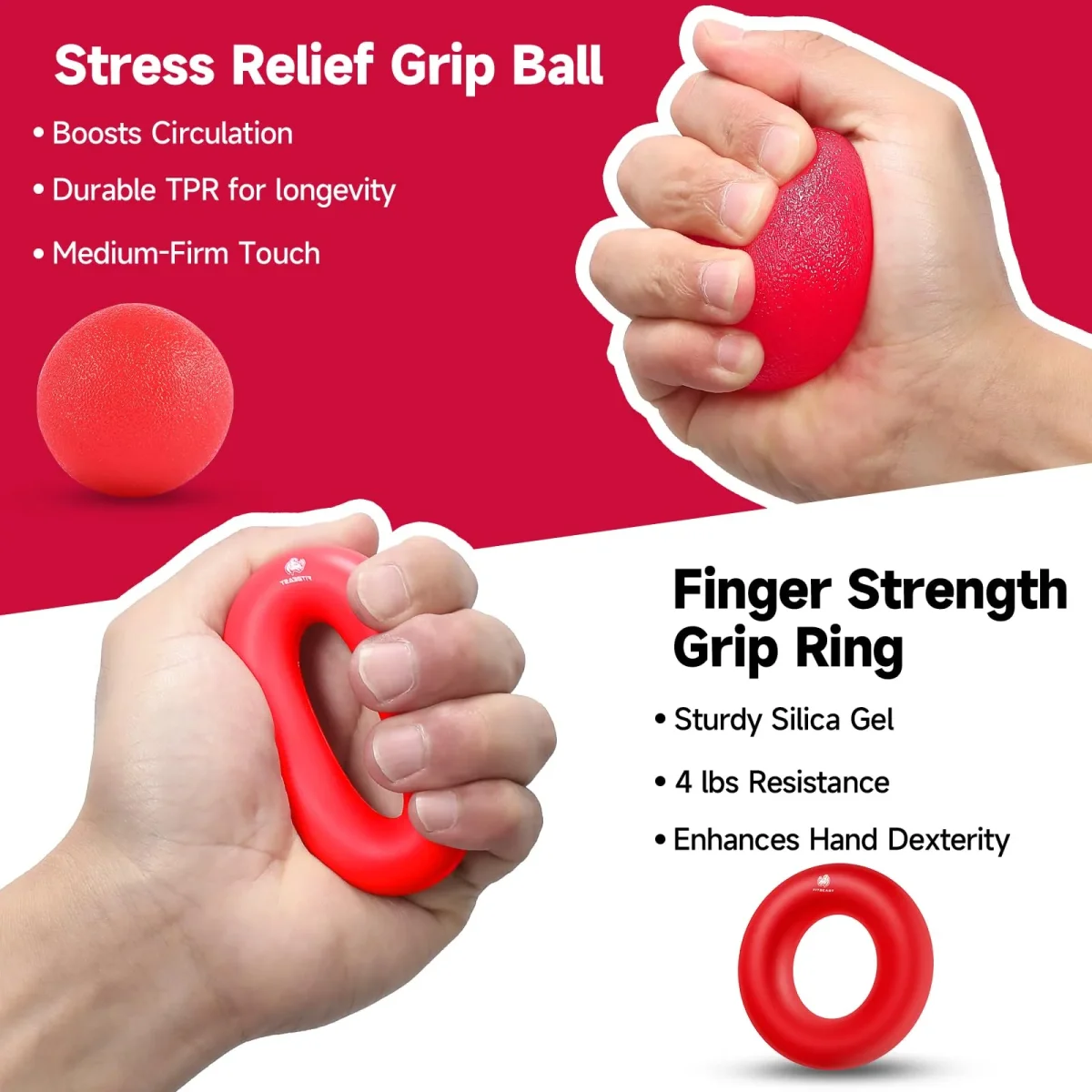 FitBeast Hand Grip Strengthener Workout Kit (5 Pack), 2 Forearm Grip Adjustable Resistance Hand Gripper, Finger Stretcher, Grip Ring & Stress Relief Grip Ball for Athletes - Crimson – Image 4