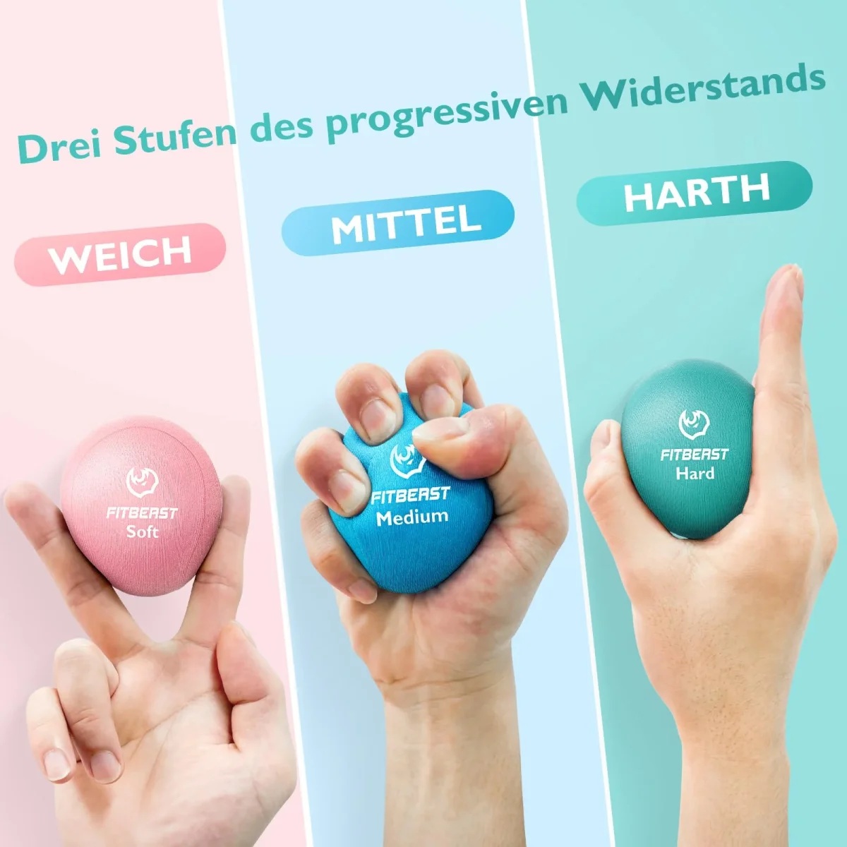 FitBeast Stressbälle, 6er-Pack enthält 3 eiförmige und 3 runde Bälle, weiche bis harte Widerstandsstufen - Blush, Blau, Türkis – Image 2