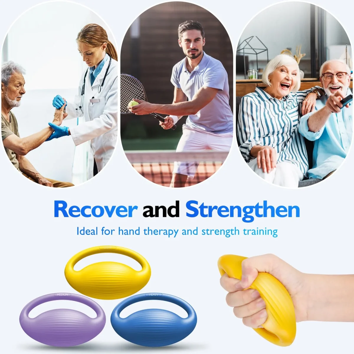 FitBeast Hand Exercise Balls - 3 Resistance Levels Stress Balls for Adults, Squeeze Balls for Hand Therapy, Rehabilitation, Arthritis, Muscle Building - 3 Piece Set -Yellow Lavender Royal blue – Image 5