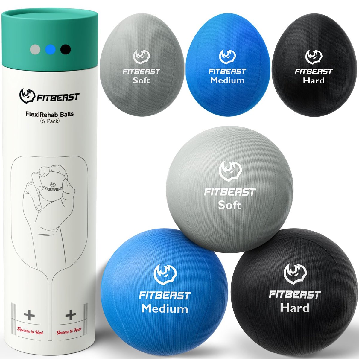 FitBeast Stressbälle, 6er-Pack enthält 3 eiförmige und 3 runde Bälle, weiche bis harte Widerstandsstufen - Grau, Himmel, Schwarz