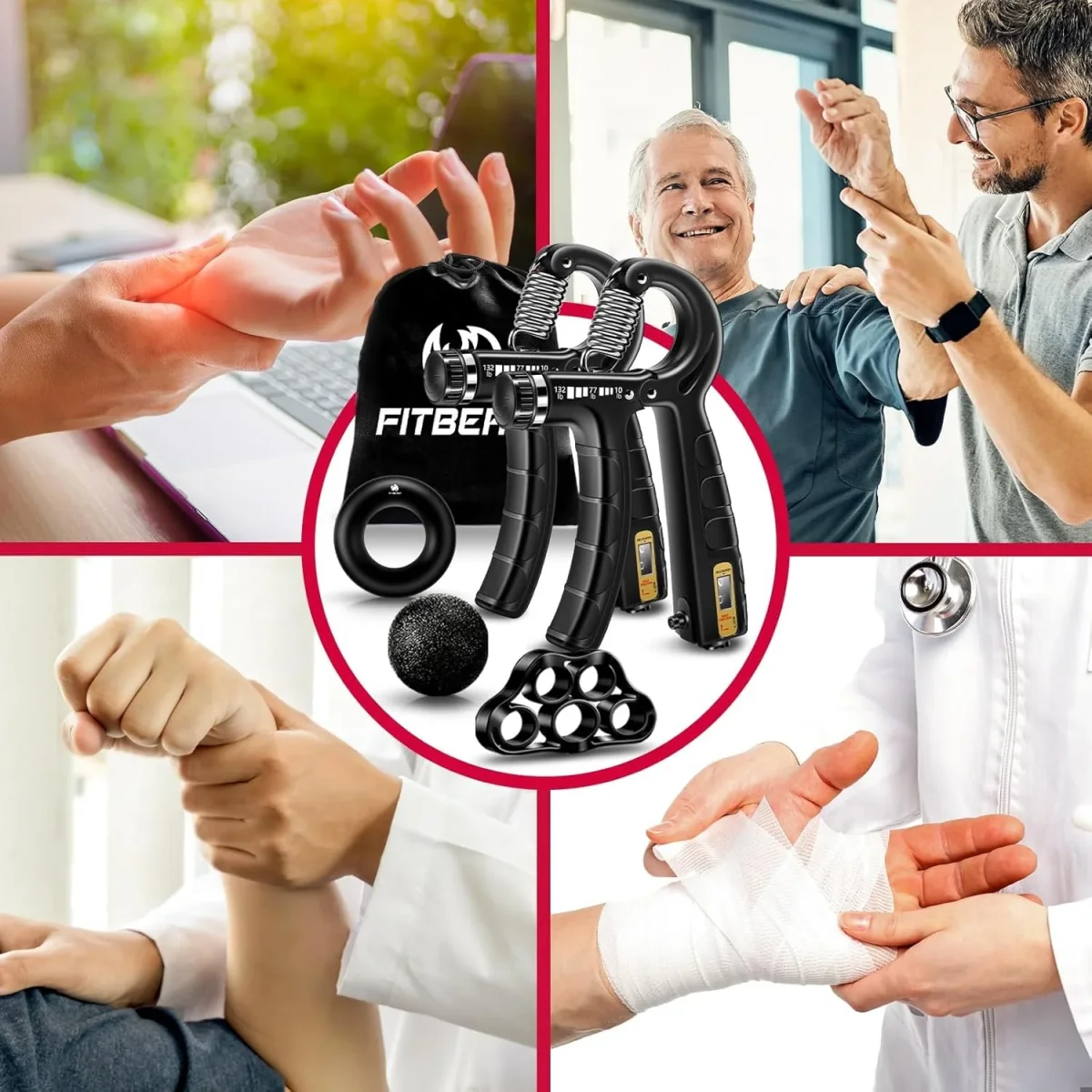 FitBeast Hand Grip Strengthener Workout Kit (5 Pack), 2 Forearm Grip Adjustable Resistance Hand Gripper, Finger Stretcher, Grip Ring & Stress Relief Grip Ball for Athletes – Image 5